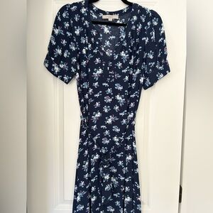 LOFT navy puff short sleeve midi dress
